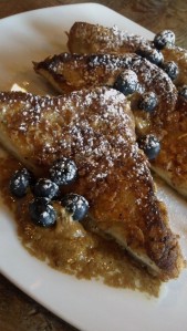 Crispy Challah French Toast - maple pecan butter, blueberries, maple syrup, maple bacon